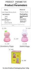 Detailed dimensions of strawberry and rabbit plush piggy bank with its retail box