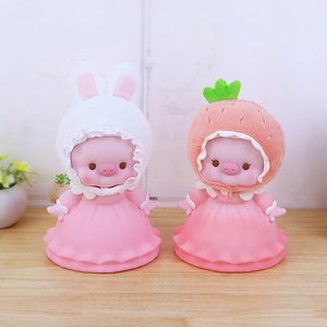 Cartoon Piggy Pig Money Bank Vinyl Plush Strawberry Rabbit Hat Pink Dress Desktop Saving Box Ornament Girls Gift