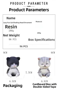 Detalles técnicos del gato bobblehead de resina con dimensiones y peso exacto