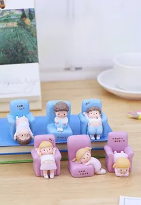 Set of 6 cute lazy character desk figurines in relaxing poses on mini blue and purple chairs