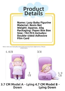 Size chart for cute resin desktop figurines with dimensions and material details