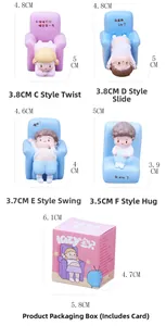 Detail view of four cute resin figurines on colorful sofas with product packaging
