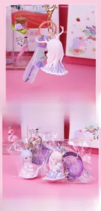 Detail of cute deer girl keychain with purple strap and individual OPP bag packaging