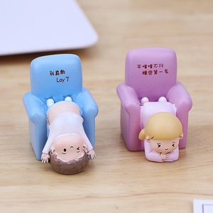 Cute resin desk ornaments set of tired cartoon characters on blue and purple sofas