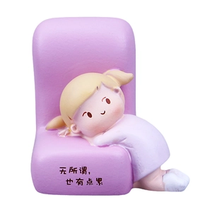 Cute cartoon girl resin figurine in purple chair for office desk and car decor