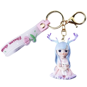 Cute deer girl keychain with purple dress and Blossom Dream floral silicone wristlet strap