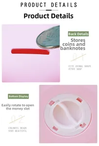 Detail of pink deer piggy bank showing top coin slot and bottom rotating twist plug