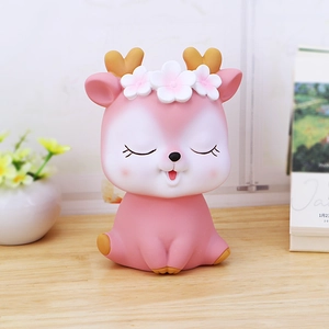 Cute pink deer piggy bank with floral crown decoration for kids bedroom decor