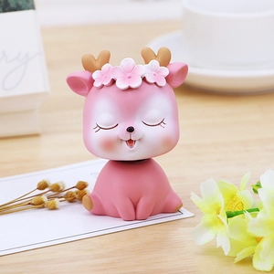 Cute pink resin deer figurine with cherry blossoms for car dashboard or home decor
