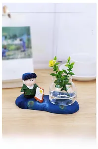 Artistic hydroculture glass vase with Van Gogh figure and starry night base for desk
