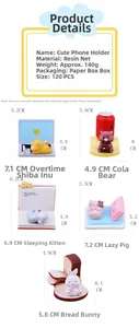 Size chart for cute resin animal phone holders featuring cat, dog, and bear models