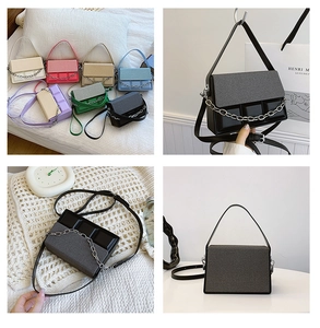 Detail of mini box bags in multiple colors featuring unique square patterns and silver chain