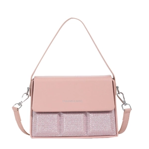Pink sequin crossbody bag with silver lettering and detachable strap on white backdrop