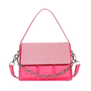 Fashionable pink quilted box handbag with textured flap and silver chain shoulder strap