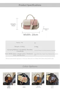 Detailed size specifications and material chart for the color-block PU crossbody bag