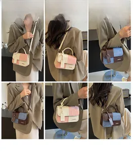 Detailed views of contrast color square bag showing PU leather and fabric patchwork texture