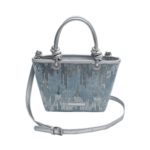 Blue denim bucket bag with silver sequins and metallic straps for women's crossbody wear