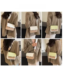 Collage of wide-strap rectangular flap crossbody bags in khaki and light green shades