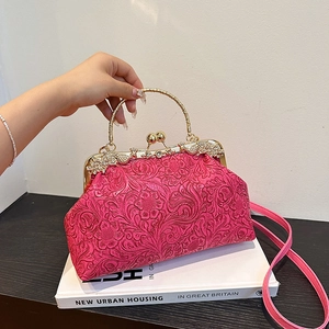 Vintage Floral Embossed PU Leather Crossbody Handbag With Gold Metal Handle And Kiss Lock For Women Elegant Chinese Style