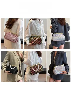 Detail showing various wearing styles of sequined evening bags with pearl and chain straps