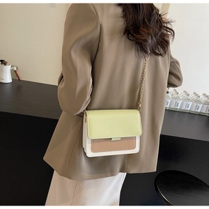 Rear view of a model wearing a green, brown, and white patchwork crossbody bag with chain