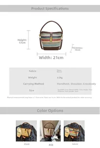 Detailed size specifications and material chart for the colorful woven straw bucket bag
