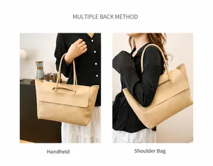 Detail showing handheld and shoulder bag carrying styles for the khaki large tote bag