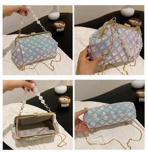 Detailed views of silver sequin handbag with beaded handle and gold chain strap
