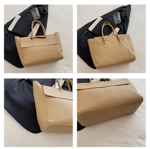 Four-angle view of khaki leather tote bag showing large capacity and structured design