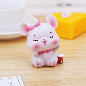 Figurine de souris rose mignonne en résine avec nœud et mini tasse pour déco de bureau