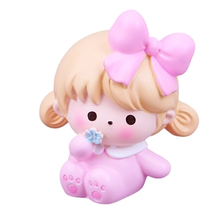Cute pink girl figurine with bow holding flower, creative desktop resin ornament