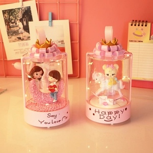 Pink carousel music box with LED lights and golden crown for children birthday gift