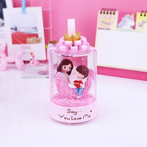 Pink carousel music box night light with LED fairy lights and cute lovers moon scene