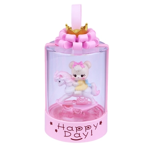 Pink cartoon carousel music box with bear rider, colorful lights and crown decoration