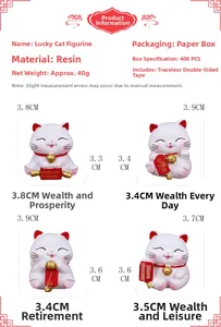 Size specifications for four unique resin lucky cat figurines with precise measurements