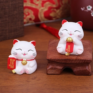 Pair of mini Maneki Neko lucky cat figurines for desk and car decor with gold accents