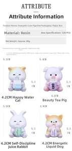Detailed size chart of four resin animal figurines including a cat and Shiba Inu