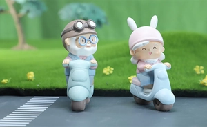 Cute elderly couple figurines on blue scooters for home decor and wedding gifts
