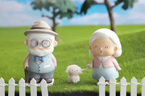 Close-up of elder couple figurines with a dog in a park scene wedding gift decor