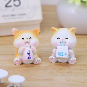 Cute resin animal figurines holding energy and happy drink bottles for desk decor