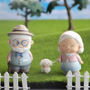 Miniature elderly couple with dog figurines for garden decor and wedding gifts