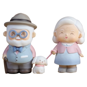 Cartoon elderly couple resin figurines with a small white dog for home decor