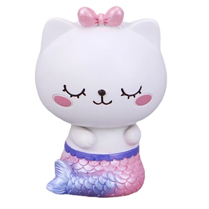 Figurine chat sirène en résine avec nœud rose et queue dégradée pour déco bureau
