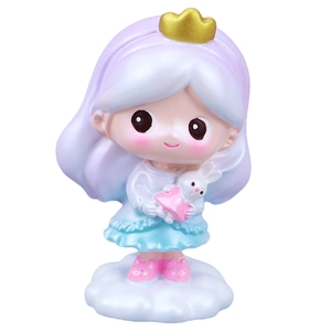 Princess cake topper figurine with purple hair holding a white rabbit on cloud base