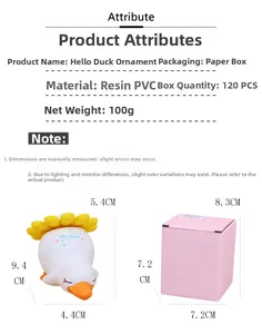 Détails de la figurine canard en résine avec boîte rose et dimensions précises