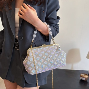 Fashionable iridescent sequin handbag with pearl handle and golden chain for women
