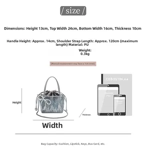 Size chart for silver sequin bucket bag showing dimensions and capacity details
