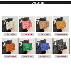 Multiple colors of quilted faux leather chain bags including black, white and blue