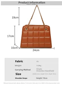 Detail of brown quilted faux leather bag with chain strap and size specification table