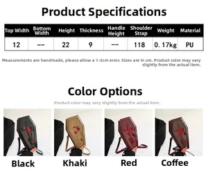 Detailed size chart and multi-color options for gothic coffin cross crossbody bag